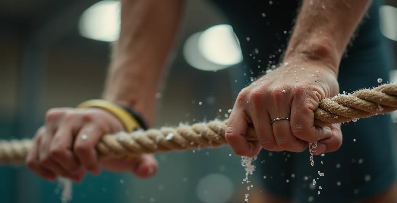 Nahaufnahme der Hände einer Athletin, die an Turnringen greift und die Spannung kontrolliert, was den Moment der Meisterschaft symbolisiert.