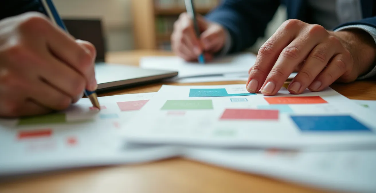 Makroaufnahme von Händen die während eines Interviews Notizen auf abstrakten Karten sortieren