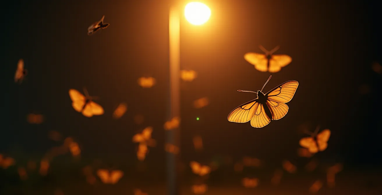 Makroaufnahme von Insekten im künstlichen Licht einer Straßenlaterne bei Nacht