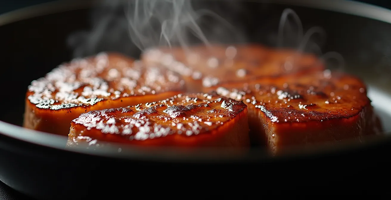 Nahaufnahme von Fleischstücken mit unterschiedlichen Bräunungsgraden auf einer heißen Pfanne