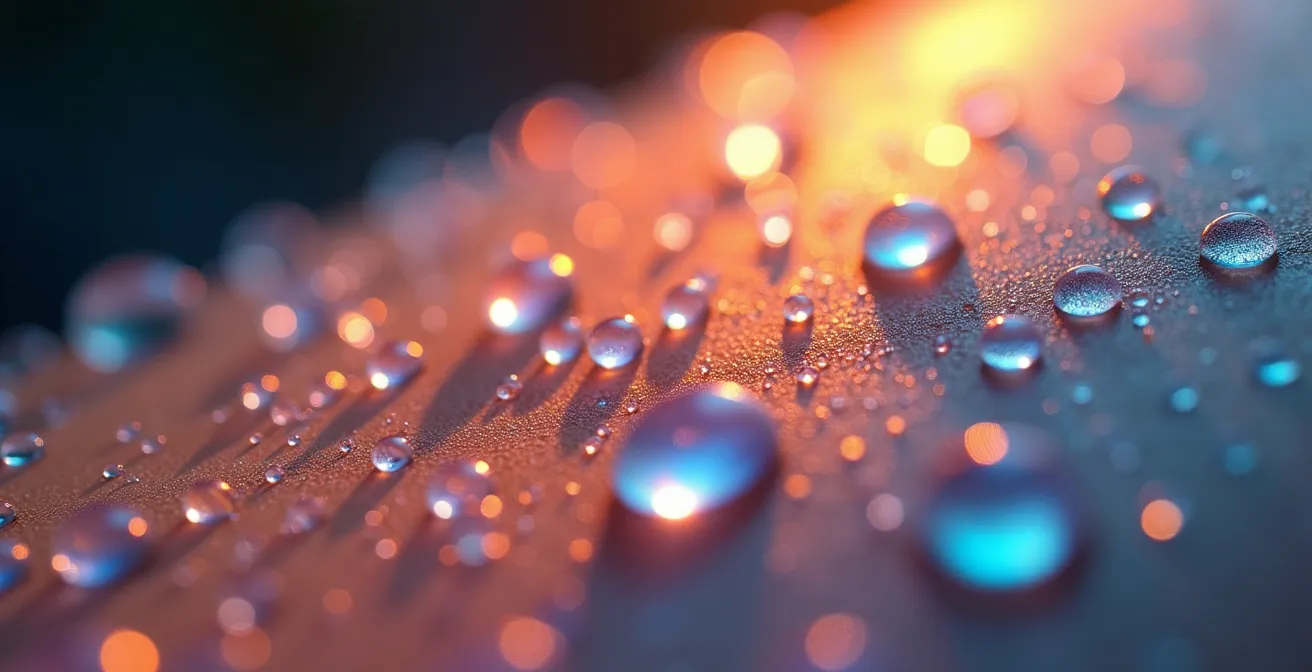 Makroaufnahme von Wassertropfen auf Haut als Symbol für sensorische Wahrnehmung