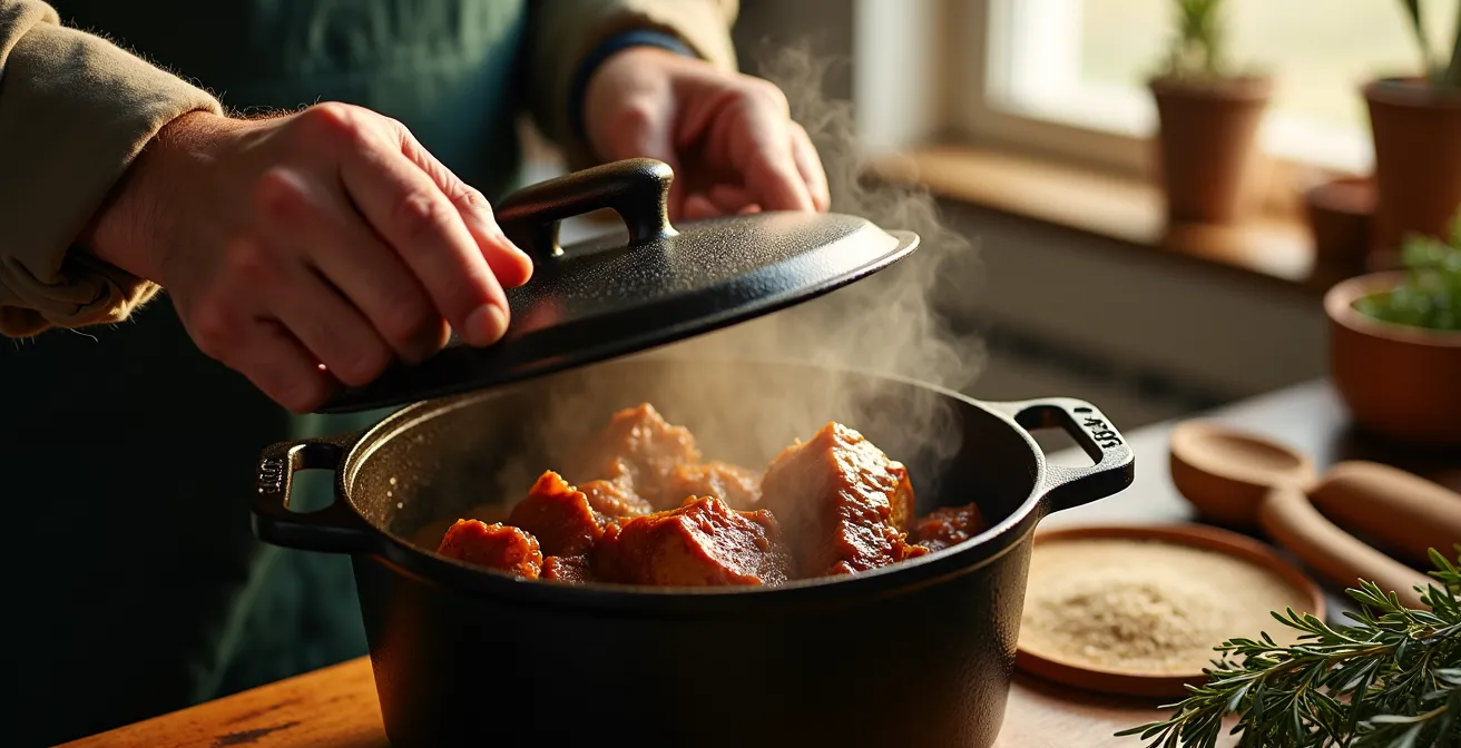 Langsam geschmortes Fleisch in traditionellem Gusseisenbräter