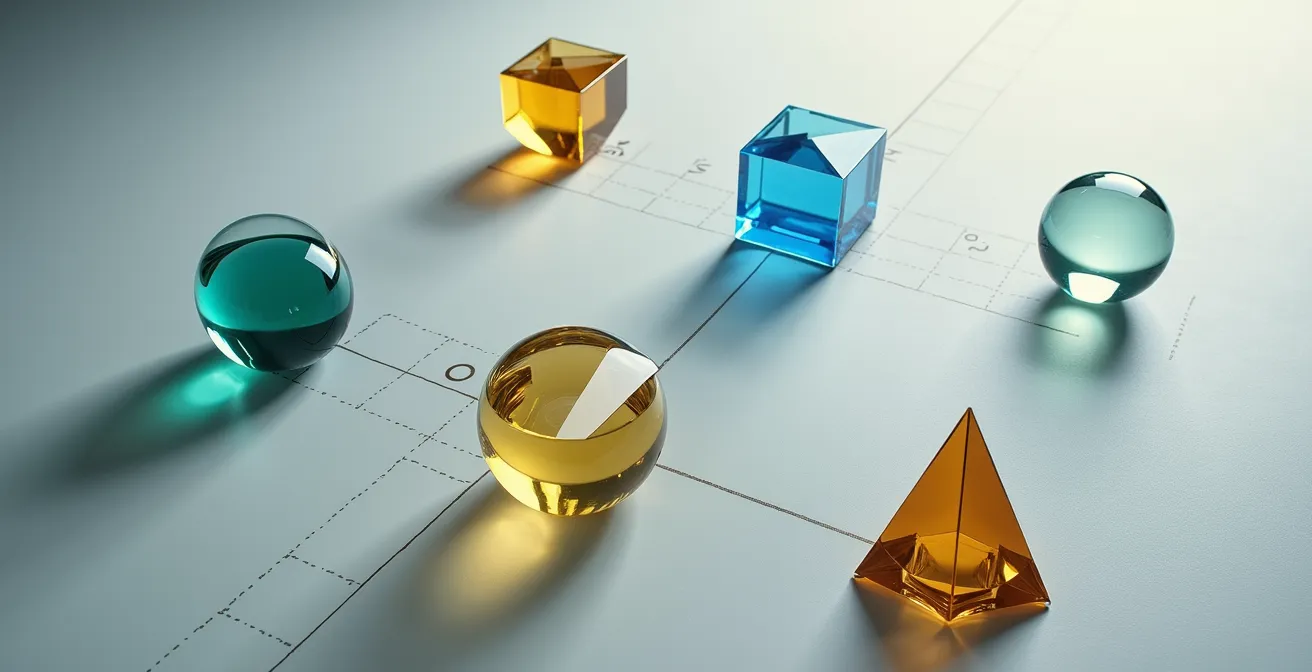 Mehrdimensionale Marktpositionierungskarte mit verschiedenen strategischen Achsen, die unbesetzte Marktlücken aufzeigt