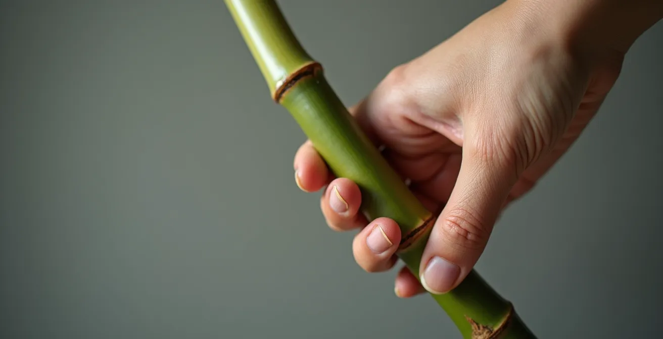 Nahaufnahme einer Hand, die einen biegsamen Bambusstab hält und seine Flexibilität demonstriert