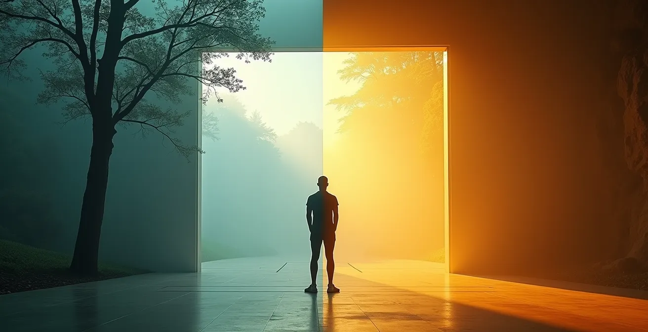 Eine Person steht zwischen einer ruhigen Naturlandschaft und einem belebten Fitnessstudio und wägt ihre Optionen ab.