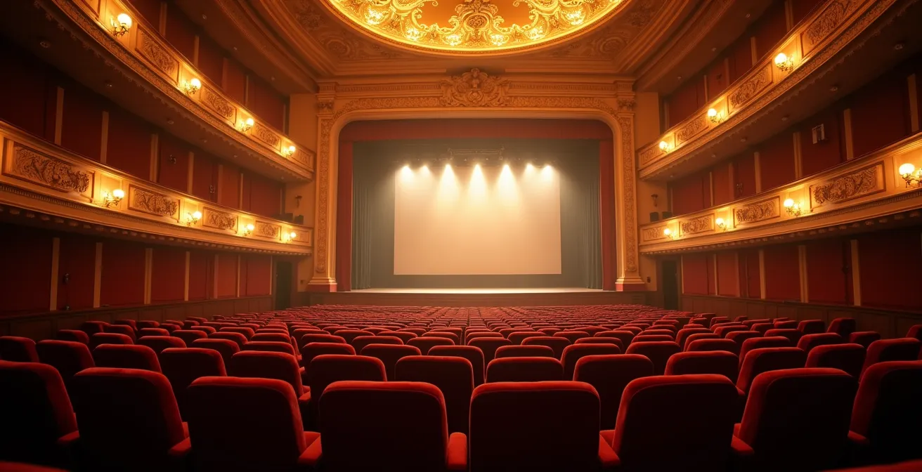 Weitwinkelaufnahme eines Opernhauses aus der Publikumsperspektive mit fokussiertem Bühnenbereich