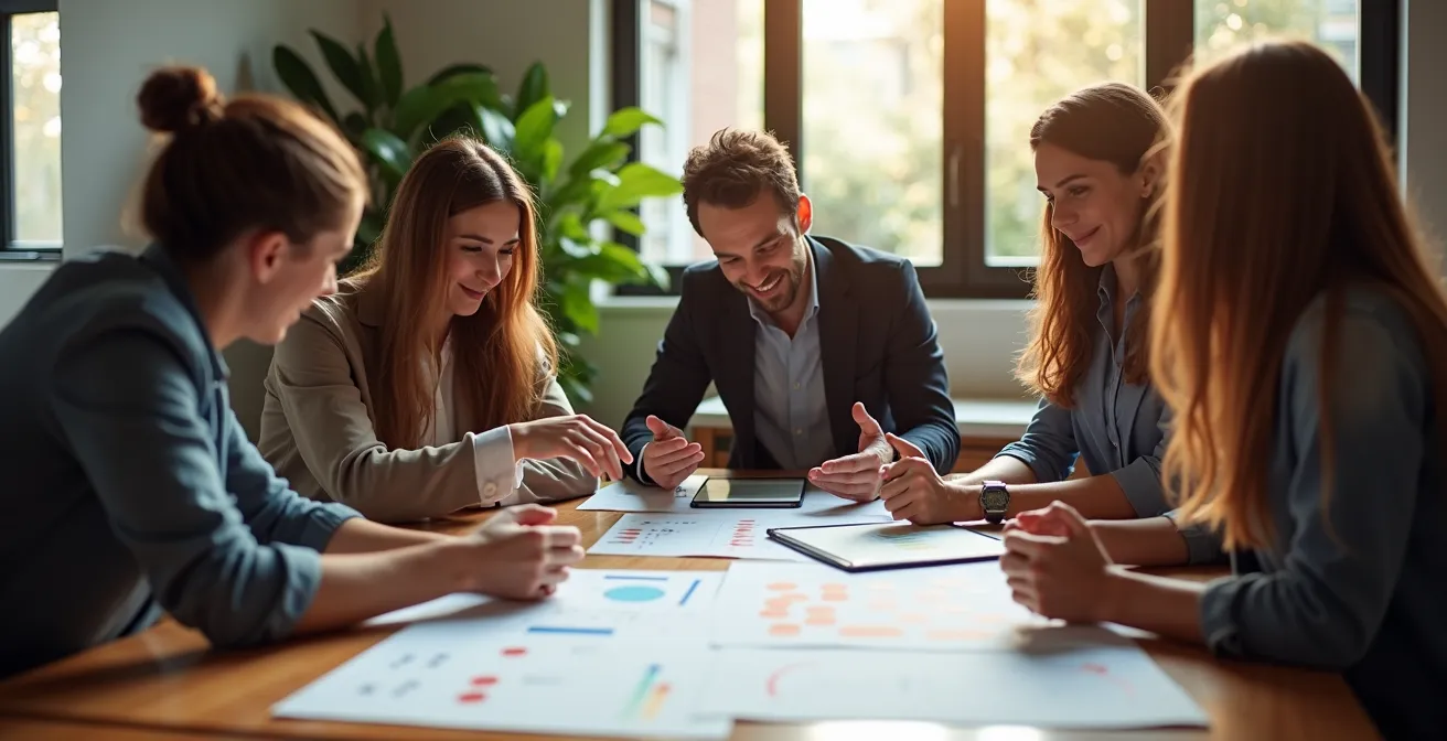 Ein diverses Team arbeitet gemeinsam an einer strategischen Vision, die auf Post-its und Diagrammen visualisiert ist.