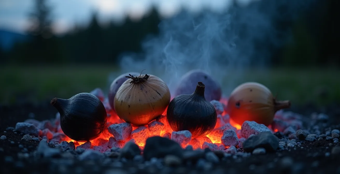 Weitwinkelaufnahme einer offenen Feuerstelle mit glühenden Kohlen und darin garendem Wurzelgemüse