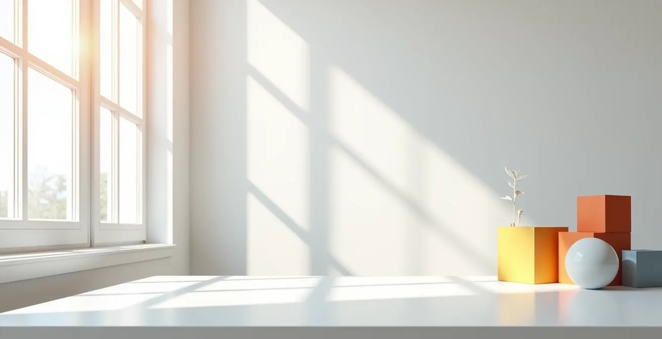 Weitwinkelaufnahme eines minimalistischen Arbeitsplatzes mit abstrakten Umfrageelementen