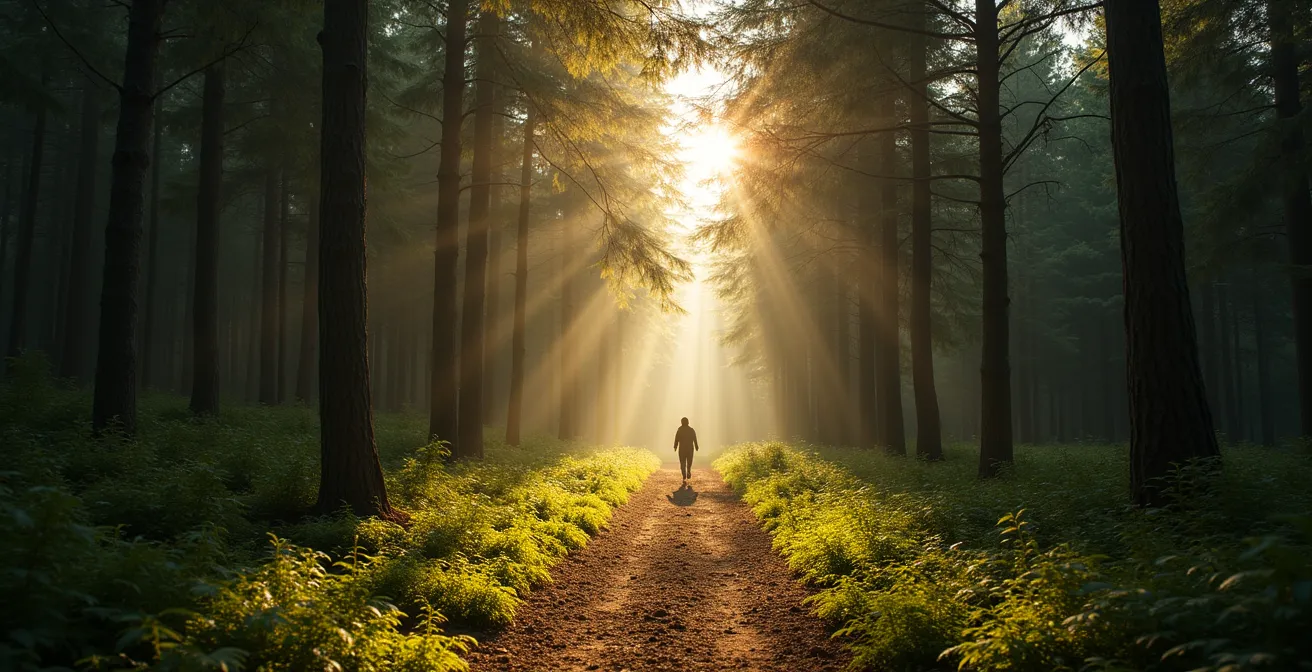 Person beim achtsamen Waldspaziergang mit Fokus auf die natürliche Umgebung und entspannte Körperhaltung