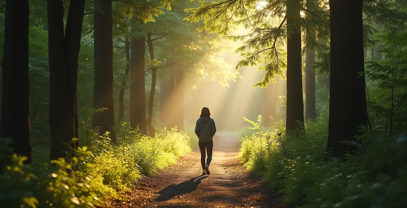 Person auf einem Waldweg umgeben von hohen Bäumen und gefiltertem Sonnenlicht