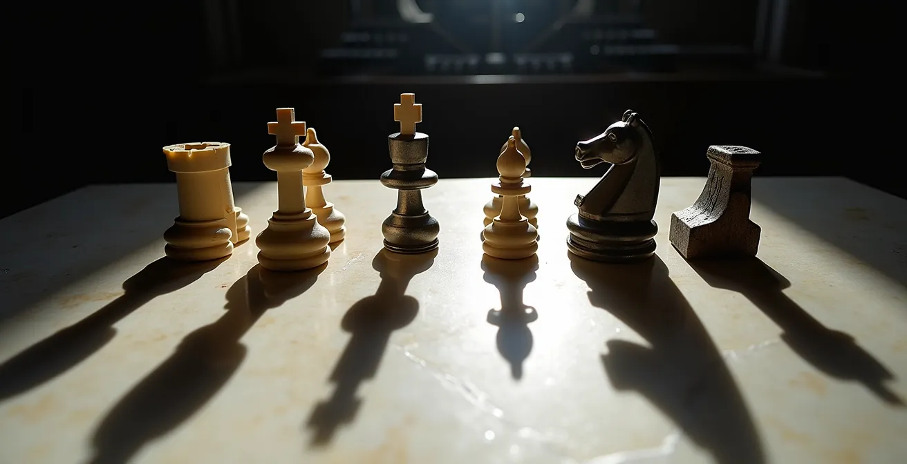 Abstrakte Darstellung verschiedener Konkurrenzebenen mit indirekten und direkten Wettbewerbern auf einem Schachbrett