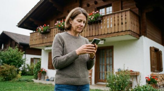 Schweizer Eigentümerin prüft Immobilienbewertung auf Smartphone vor Einfamilienhaus