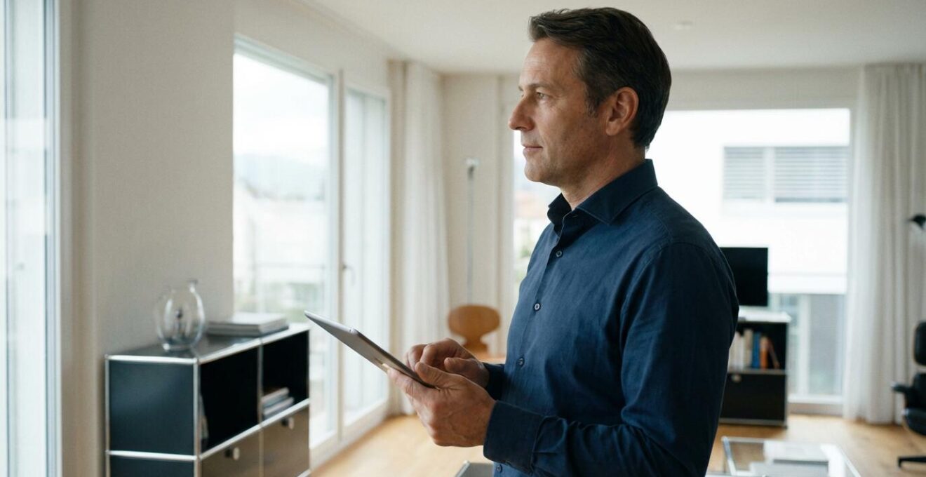 Immobilienexperte mit Tablet inspiziert hellen Wohnraum in Schweizer Liegenschaft