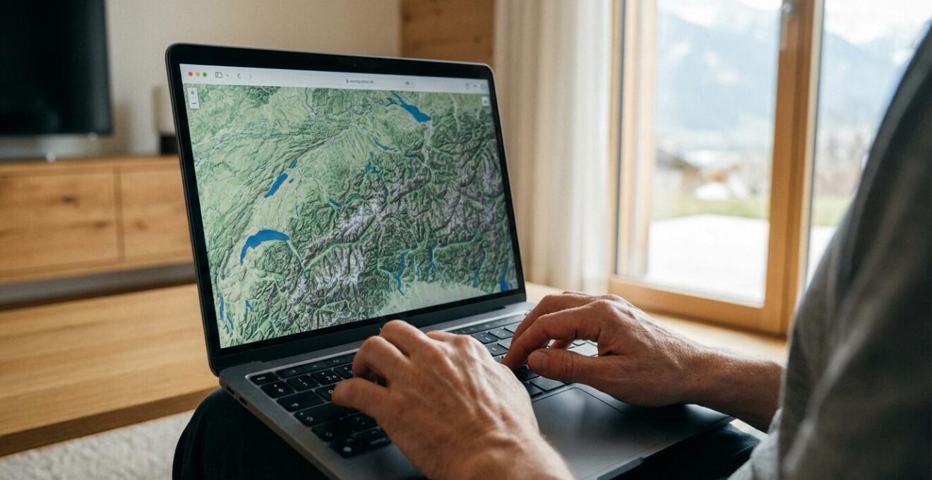 Person tippt Immobiliendaten in Laptop-Bewertungstool im Schweizer Wohnzimmer